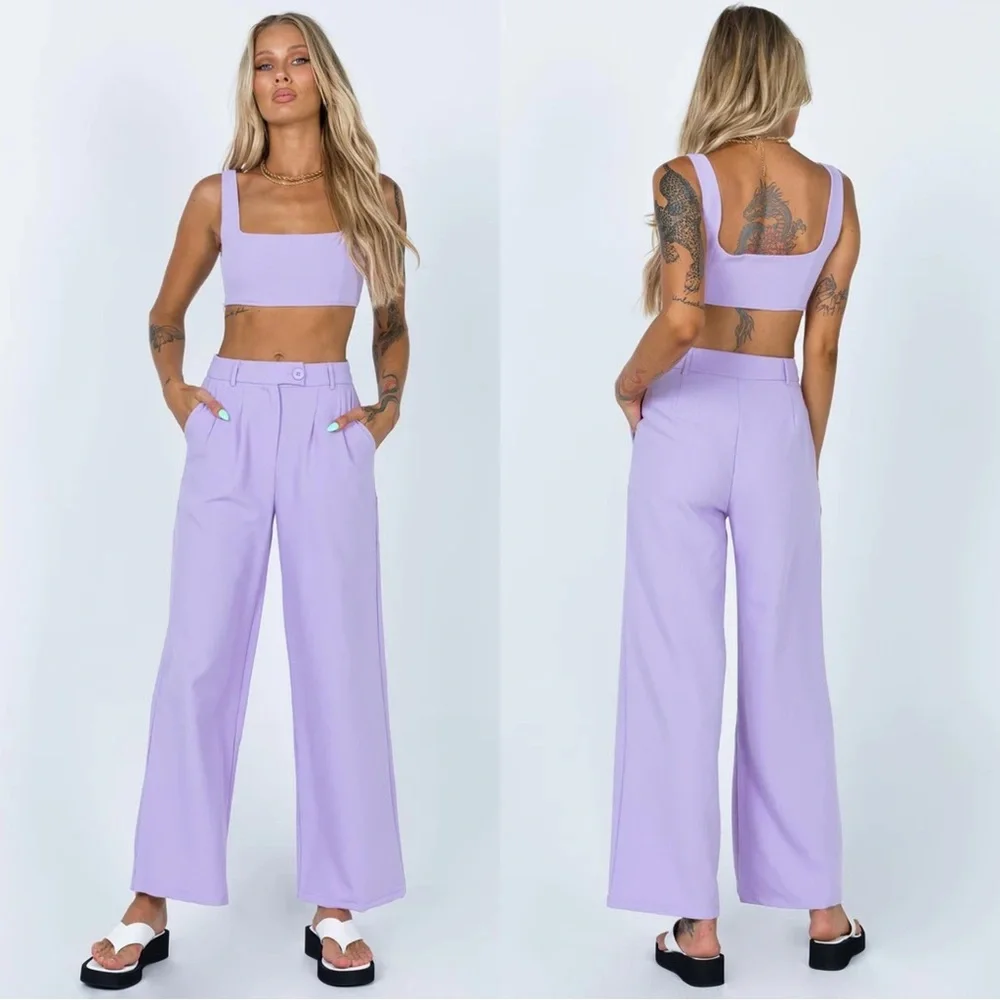 Princess Polly Huxley Two Piece Crop Top Trouser Set in Lilac - Picture 4 of 16
